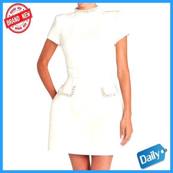 Short Sleeve High Neck Tweed Mini Dress with Pearl Trim Bodycon